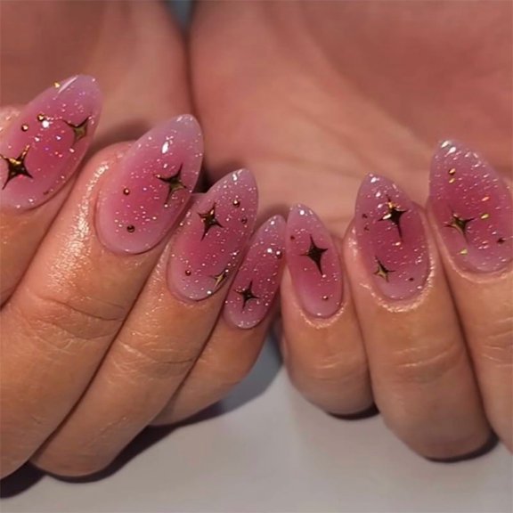 Sparkly Starburst Rhinestone Press On Nails, Short Almond Removable Nail Art