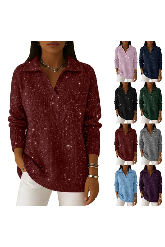 Sparkly Sweaters for Women Oversized Cozy Knit Long Sleeve Polo Sweater Winter Warm Y2k Casual Fleece Pullover Tops Black 2XL