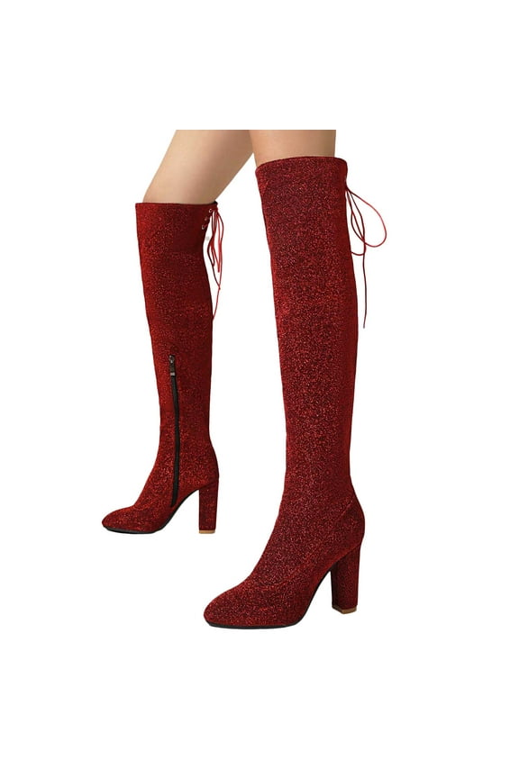Sparkly Thigh High Boots for Women Halloween Christmas Party Glitter Squin Suede Block Heel Winter Fall over The Knee Long Tall Dress Boots Bride Wedding