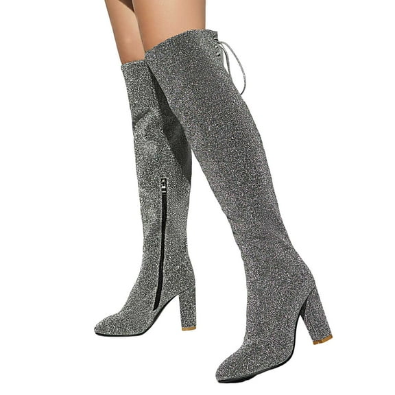 Sparkly Thigh High Boots for Women Halloween Christmas Party Glitter Squin Suede Block Heel Winter Fall over The Knee Long Tall Dress Boots Bride Wedding