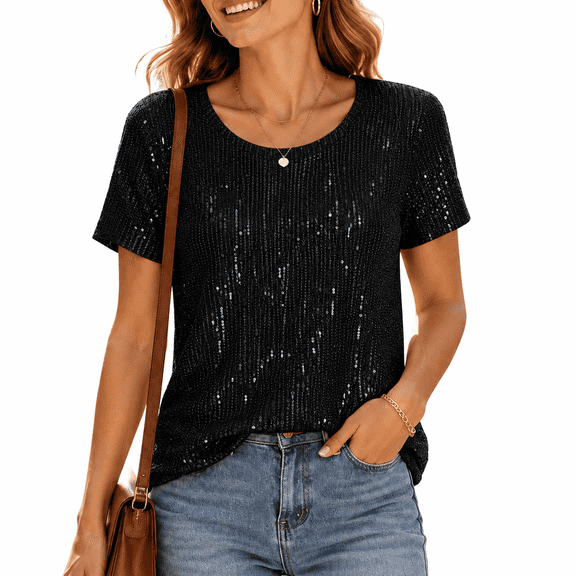 Women's Sparkly Sequin Tops, Short Sleeve Crew Neck Glitter Shirts for Holiday Party, Concert Cocktail & Evening Blouses, Black L