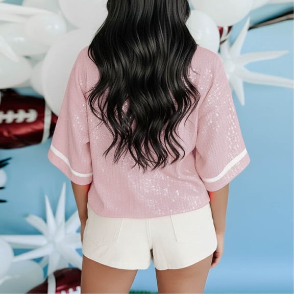 Sparkly Tops For Women Y2K Casual Bow Print Crew Neck Loose Fit Short Sleeve Blouse Comfortable Party Carnival Shiny Tee Pullover Outfits Pink M