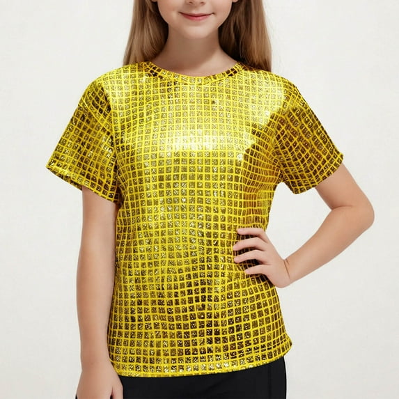 Sparkly Tops for Girls Short Sleeve Crewneck Shiny T-Shirts Size 3-16 Teens Kids Trendy Pullover Solid Shiny Checked Dance Performance Tees