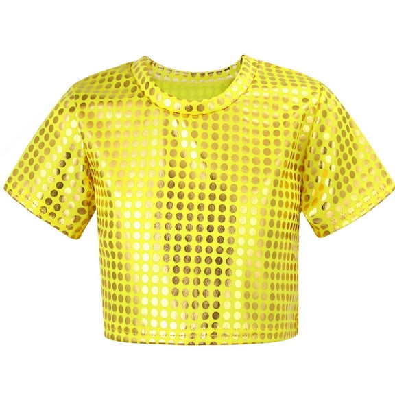 Sparkly Tops for Girls Short Sleeve Sequin Glitter Crewneck T-Shirts Fashionable Pullover Party Carnival Gown Gold 12-14 Years