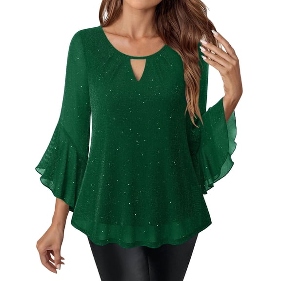 Sparkly Tops for Women, Dressy Soft Ruffle 3/4 Sleeve Blouses, Glitte Evening Shirts