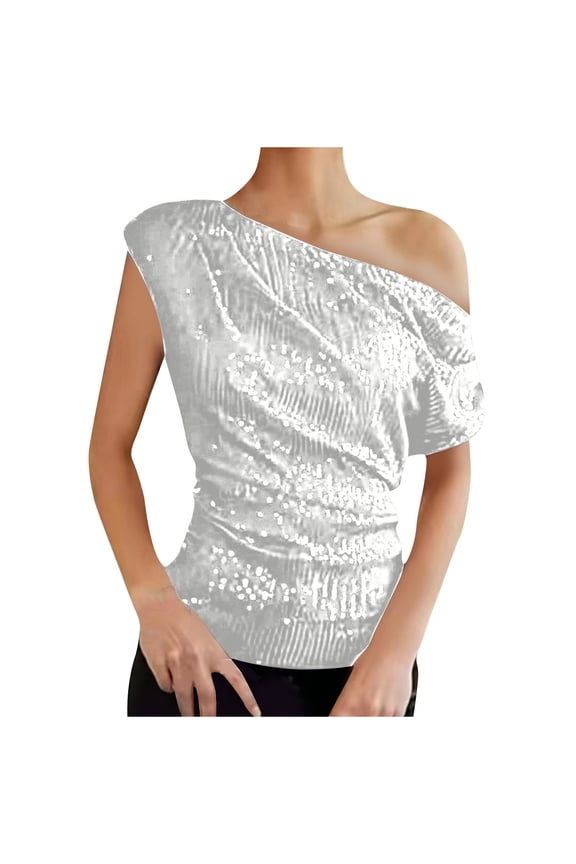 Sparkly Tops for Women Elegant Sequin Top Short Sleeve T Shirts Glitter Blouses Ruched Wrap Tunic Shirts Cold Shoulder Tshirts Basic Tees