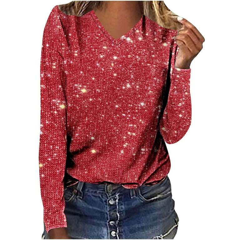 Sparkly Tops for Women Fashion Long Sleeve V Neck Party Going Out Tops Loose Fit Red M Walmart