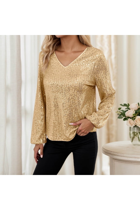 Sparkly Tops for Women Going Out Sequin V Neck Shirts (Gold XL)