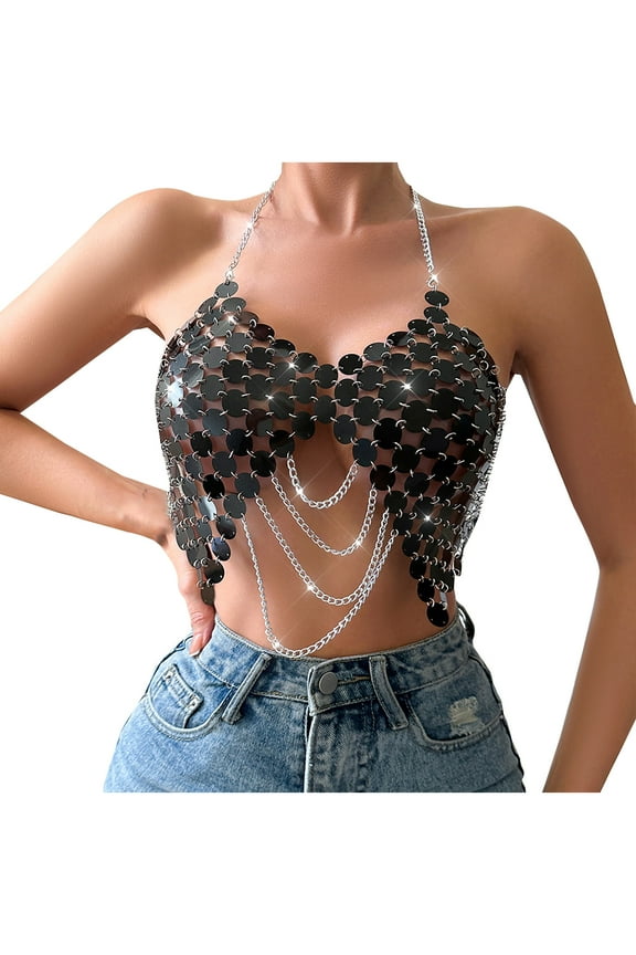 Sparkly Tops for Women Sequin Tops Chains Shirt Sparkly Hollow out Clubbing Outfits Chain Backless Tops Spandex Tank Tops for Lady Black One Size