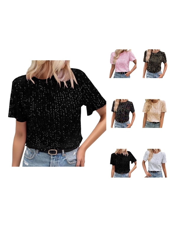 Sparkly Tops for Women Short Sleeve Shiny Sequins Crewneck Glitter T Shirts Dressy Tops Blouse Club Party Shirt
