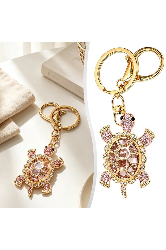 Sparkly Tortoise Alloy Keychain Charm, Crystal Rhinestone Turtle Pendant, Pink Finish Bag Accessory, Cute Purse Decor, Glittery Home Ornament