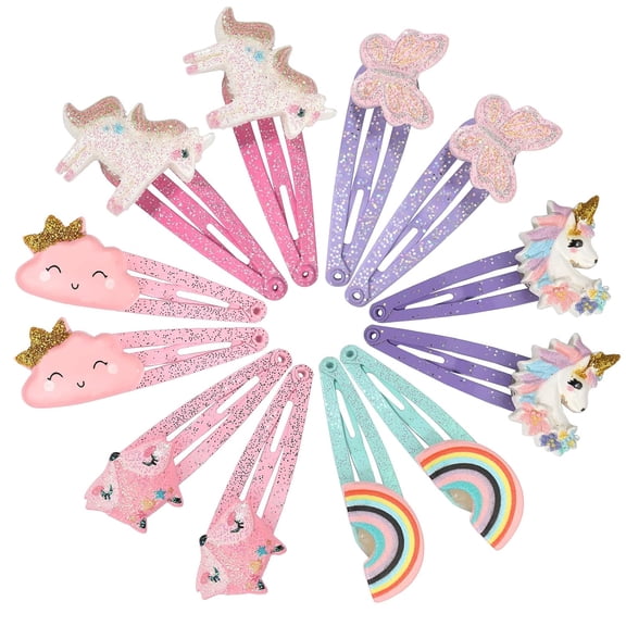 Sparkly Unicorn Hair Barrettes for Girls, 12 Pack Rainbow Fox Cloud Shaped Snap Hair Clips, Lovely Non-Slip Hair Pins for Toddlers Baby Teens Kids