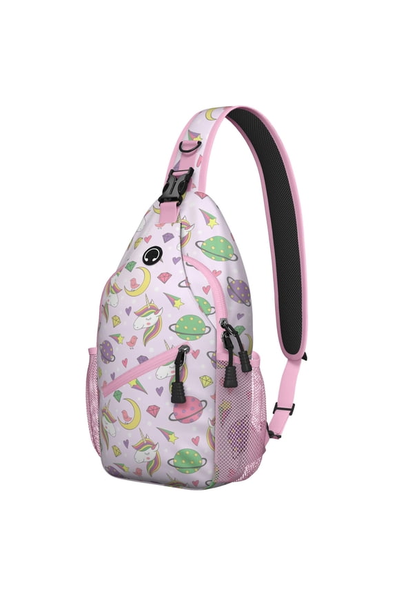Sparkly Unicorn Rainbow Sling Backpack for Women Women, Cute Cartoon Travel Bag with Galaxy Stars and Mystical Fantasy Scene