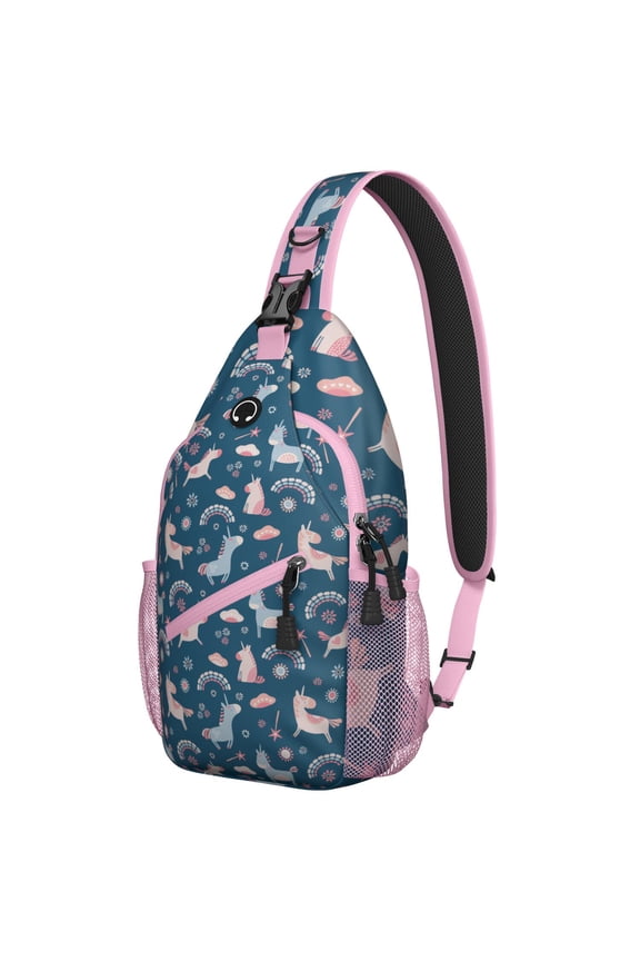 Sparkly Unicorn Rainbow Sling Backpack for Women Women, Cute Cartoon Travel Bag with Galaxy Stars and Mystical Fantasy Scene