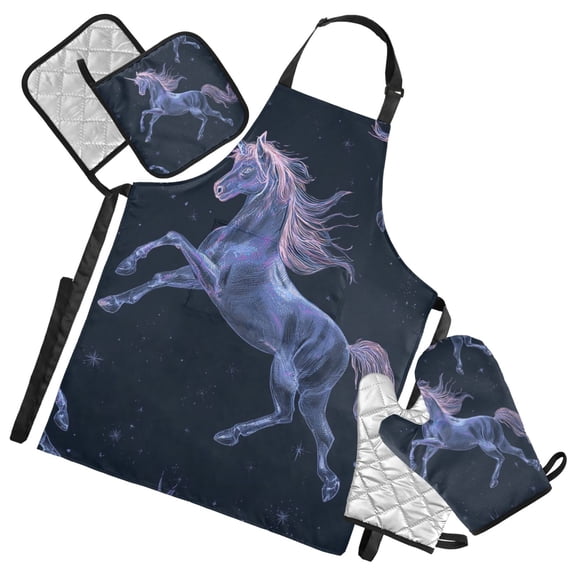Sparkly Unicorns Jumping Apron Set with Oven Mitts Pot Holders Set of 5 Kitchen Stuff Accessories