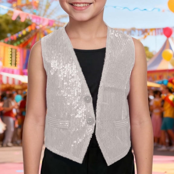 Sparkly Vest for Boys V-Neck White Shiny Dance Vest for Boys Dance Jazz Hop Jacket Waistcoat Vest for Boys 5-6 Years