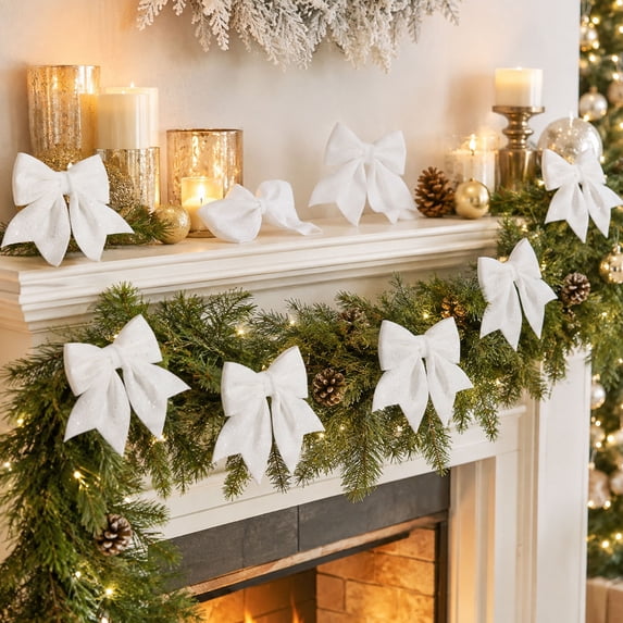Sparkly White Glitter Christmas Bows, 24 Pack Hanging Bow Ornaments for Xmas Tree, Wreath, Gift & Indoor Holiday Decor
