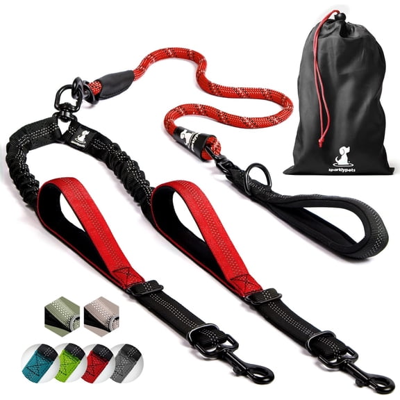 SparklyPets Double Dog Leash for 2 Dogs – Rope Bungee Dual Leash for Medium and Large Dogs with Padded Handles & Tangle Free (Red, Medium/Large)