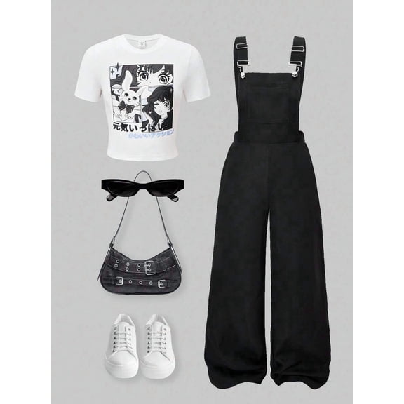 Sparklyn 2-Piece Tween Girls Graphic Print Crew Neck Short Sleeve T-Shirt and Overall Shorts Set, Casual Summer Outfit