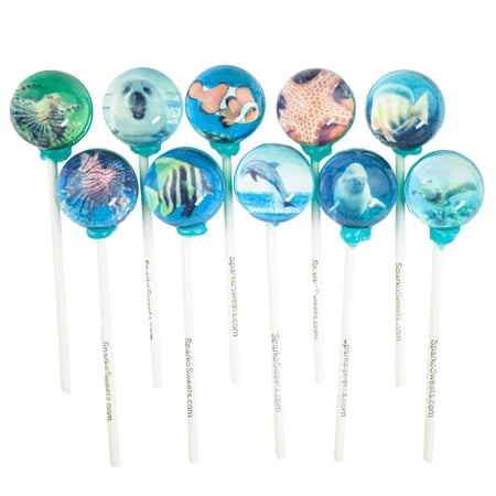 Sparko Sweets Aquatic Picture Lollipops, Animal and Fish Designs, Blue Raspberry Flavor, 10-Piece Gift Pack, Made in USA, 2 lbs - Perfect for Beach-Themed Parties, Gifts, and Promotional Giveaways