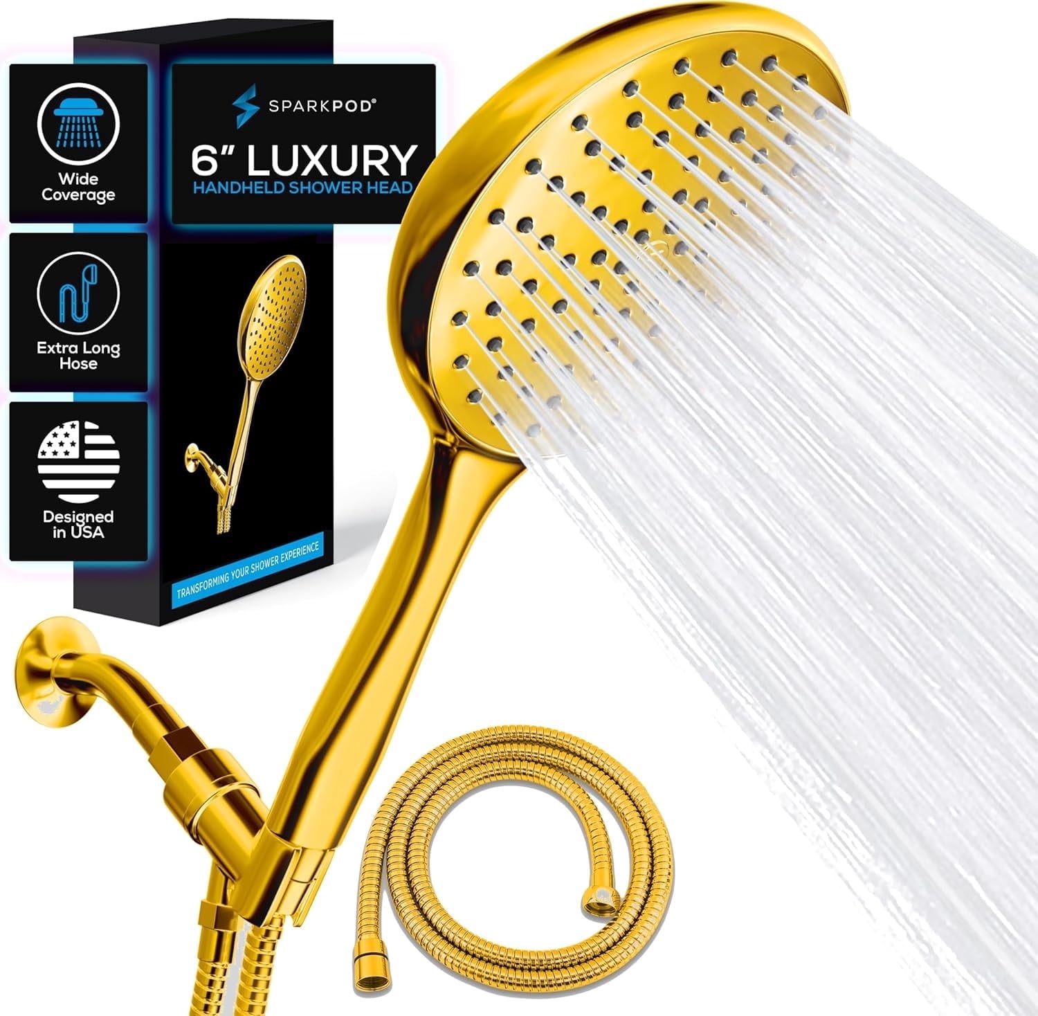 SparkPod Rainfall Shower Head with Handheld - 6-Inch Head, 6ft Hose, Adjustable Bracket (Egyptian Gold)