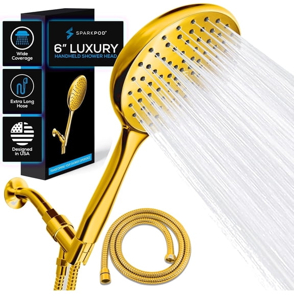 SparkPod Rainfall Shower Head with Handheld - 6-Inch Head, 6ft Hose, Adjustable Bracket (Egyptian Gold)