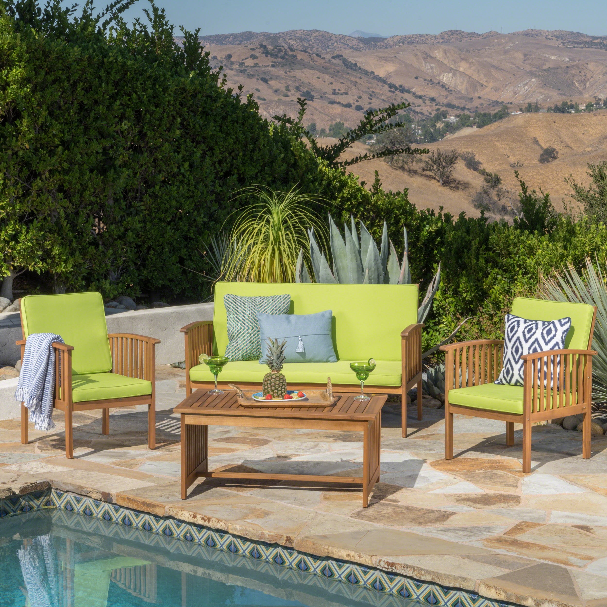 Sparks Outdoor 4 Piece Acacia Wood Sofa Set with Cushions, Brown Patnia, Light Green