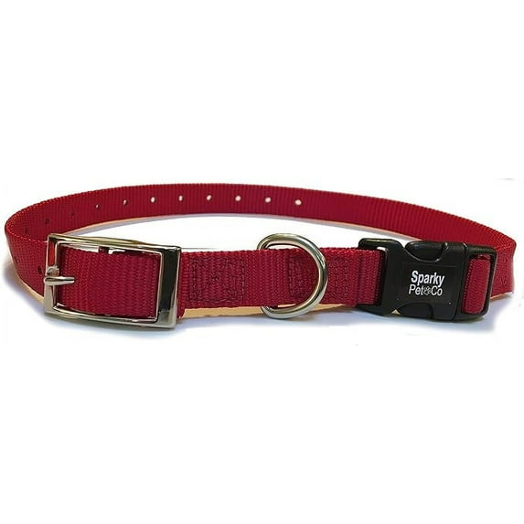 Sparky Pet Co - ECollar Replacement Strap - Easy Release Double Buckle Dog Collar - Rugged Nylon - Adjustable - D Ring - Quick Release Metal Clasp - for Invisible Fence Systems - 3/4" x 24" - Red