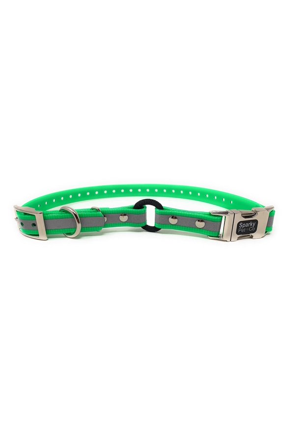 -Zeus ECollar Replacement Strap - Bungee Loop Dog Collar - Waterproof Biothane - Adjustable - Double Buckle - Quick Snap Metal Clasp - Invisible Fence Systems - 3/4" x 28" Green Refl