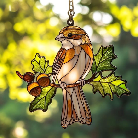 Sparrow Acrylic Suncatcher Handmade Woodland Bird Window Hanging and Autumn Leaves, Rustic Cottagecore Nature Decor Gift