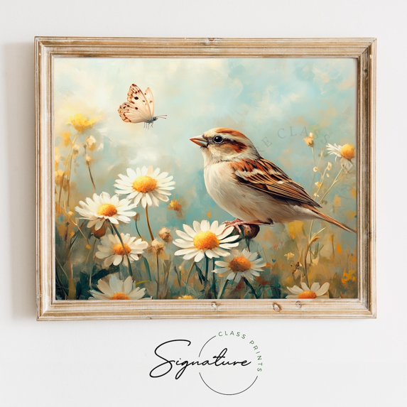 Sparrow Amid Soft Daisies Sunny Spring Poster Cottage Farmhouse Country Nature Decor Vintage Floral Wall Art Artwork 3180 Home Decor, 12x18 UNFRAMED