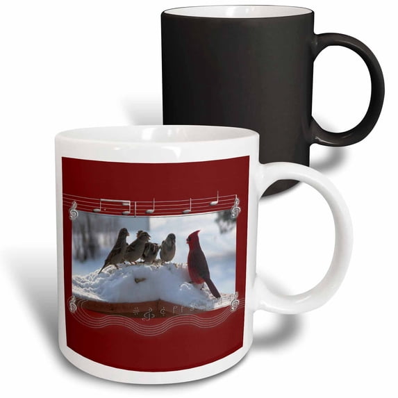3drose, Sparrow and Cardinal at Choir Pratice, 11oz Magic Transforming Mug