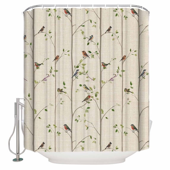 Sparrow Bathroom Shower Curtains with 12 Hooks Polyester Waterproof Shower Curtain for Stalls and Bathtubs Spring Birds on The Branches Retro Country Beige Decorative Bathroom Curtain 72x84 Inches