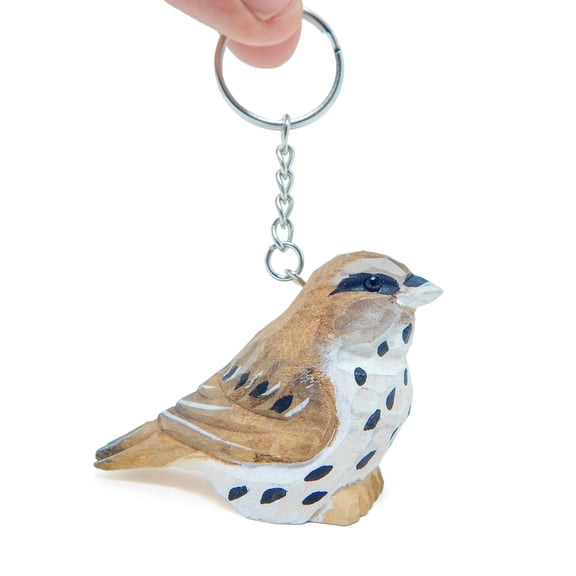 Sparrow Brown Bird Keychain Ring Hook Clip Charm Miniature Wood Mini Figurine Small Animal