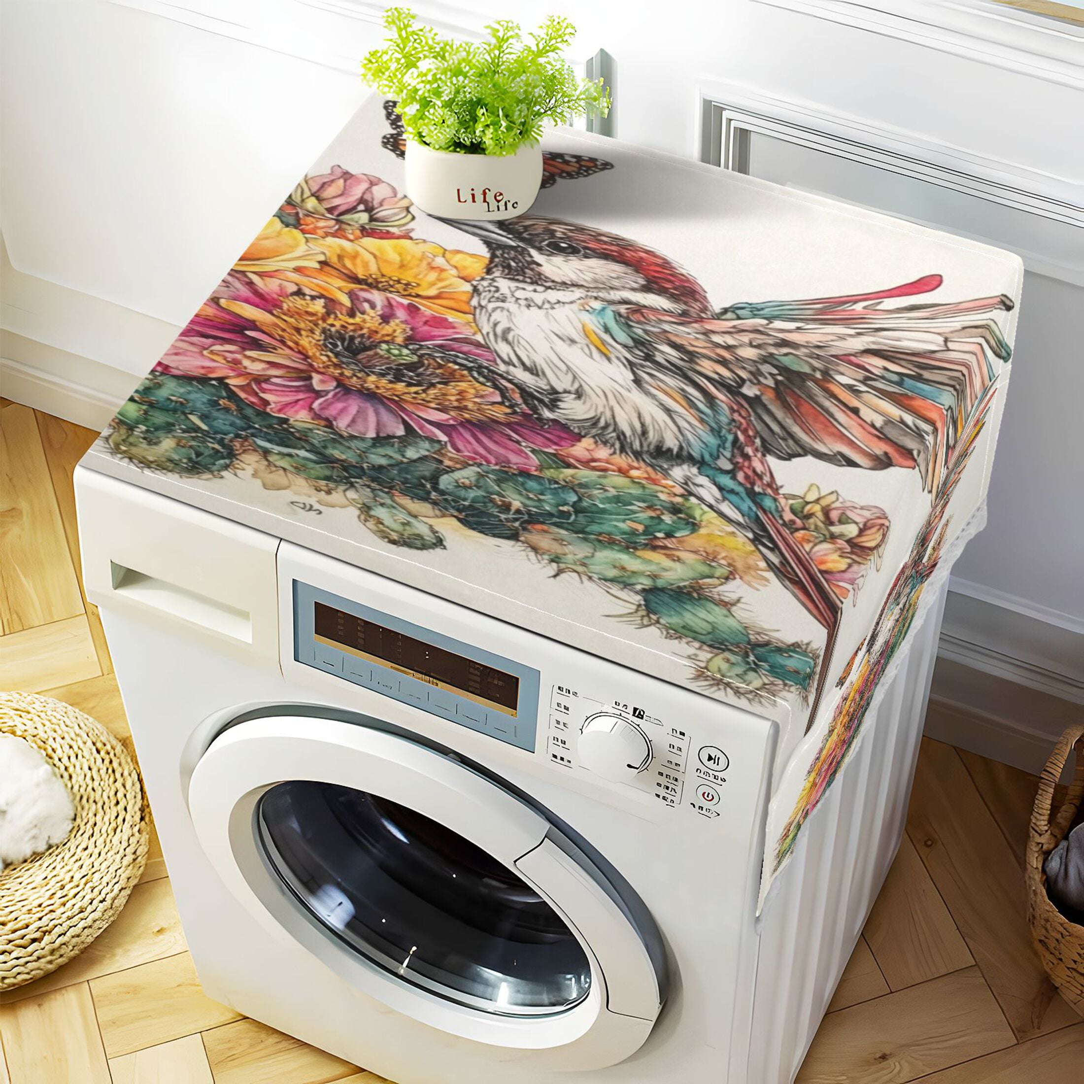 Sparrow with Cactus FlowerWasher and Dryer Covers Dust-Proof and Oil Resistant Fridge Cover with 4 Storage Pockets Washing Machine Top Cover for Laundry Kitchen Home 51.2 x 22 In