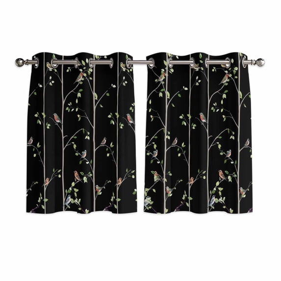 Sparrow Kitchen Curtains Window Panels, Spring Birds on The Branches Vintage Country Black Insulated Window Treatment Curtain, Grommet Curtains for Bedroom/Living Room/Bathroom, 2 Piece 52"Wx45"L