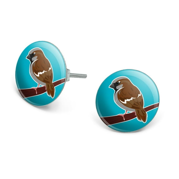 Sparrow Little Brown Bird on Stick Novelty Silver Plated Stud Earrings