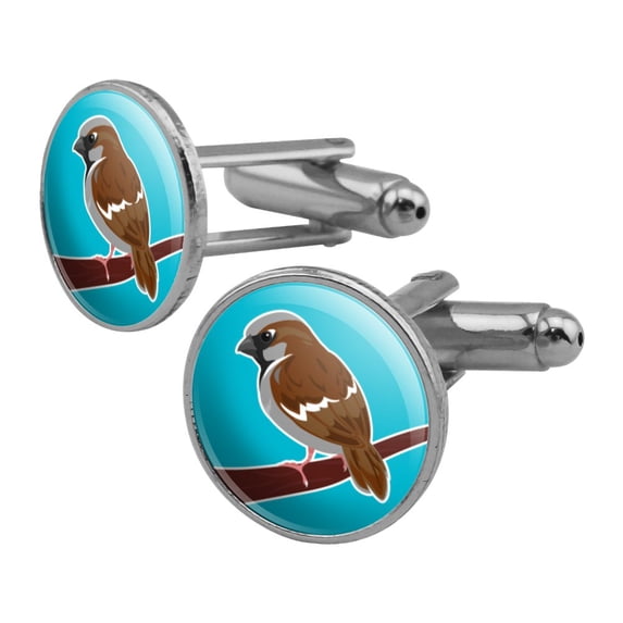 Sparrow Little Brown Bird on Stick Round Cufflink Set Silver Color