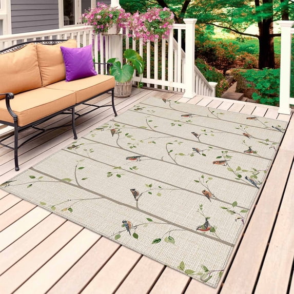 Sparrow Outdoor Rug 6x9 Ft, Non Slip Washable Area Rug, Spring Birds on The Branches Retro Country Beige Patio Rugs Carpet Runner, Large Floor Mat for Indoor/Outdoor Deck Porch Camping