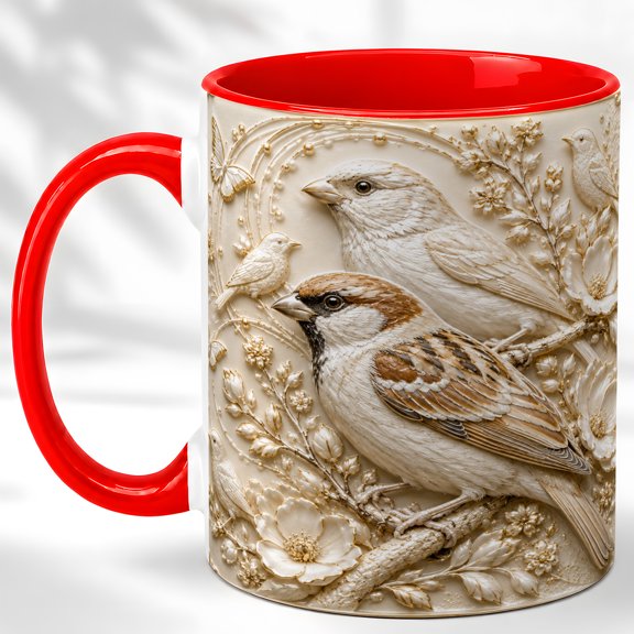Sparrow Pair Coffee Mug, Cream Floral Mug, Ceramic 11 oz