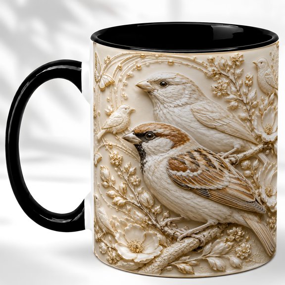 Sparrow Pair Coffee Mug, Cream Floral Mug, Ceramic 11 oz