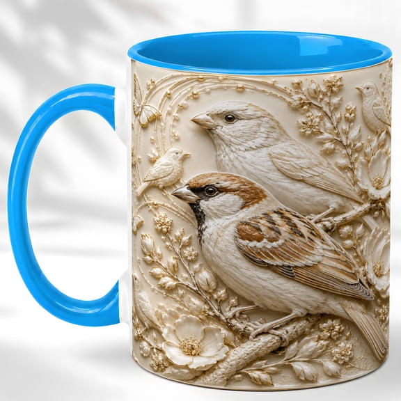 Sparrow Pair Coffee Mug, Cream Floral Mug, Ceramic 11 oz