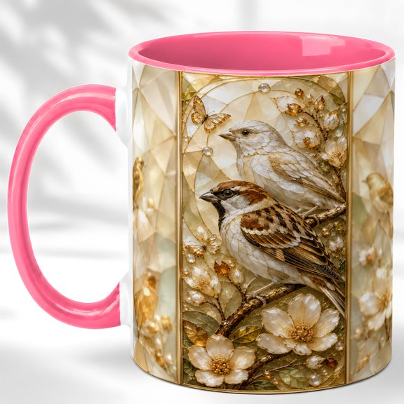 Sparrow Pair Coffee Mug, Cream Flower Mug, Ceramic 11 oz