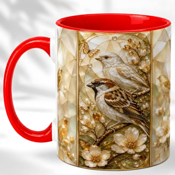 Sparrow Pair Coffee Mug, Cream Flower Mug, Ceramic 11 oz