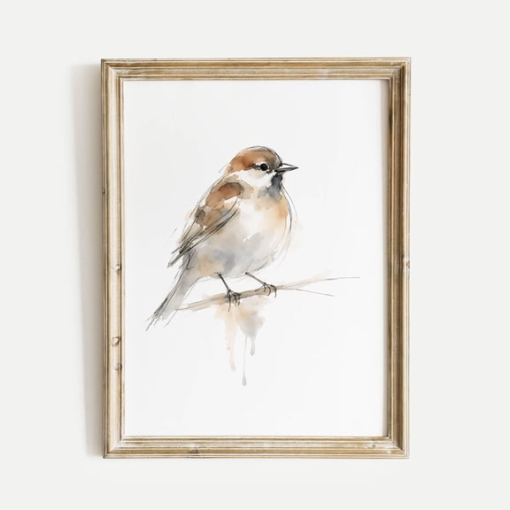 Sparrow Perched on a Thin Twig Wall Art Songbird Wall Art Ink and Wash Nature Decor Spring Floral Bird Gift for Home Unframed Paper Print