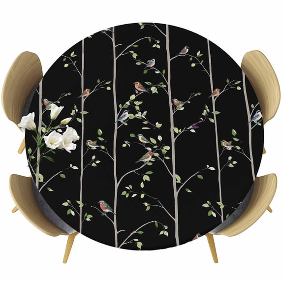 Sparrow Round Tablecloth, Fitted Table Cover with Elastic for 45"-54" Round Tables, Spring Birds on The Branches Vintage Country Black Table Cloth Outdoor Indoor Dinning Party Waterproof Tablecloths