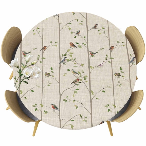 Sparrow Round Tablecloth, Fitted Table Cover with Elastic for 55"-60" Round Tables, Spring Birds on The Branches Retro Country Beige Table Cloth Outdoor Indoor Dinning Party Waterproof Tablecloths