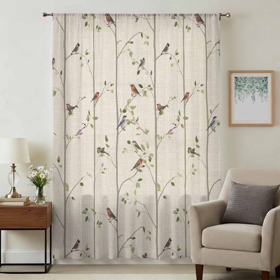 Sparrow Sheer Curtains 54 Inches Long, Spring Birds on The Branches Retro Country Beige Light Filering Curtains, Breathable Simi Curtain Privacy Drapes for Kitchen Bathroom Small Window Treatment