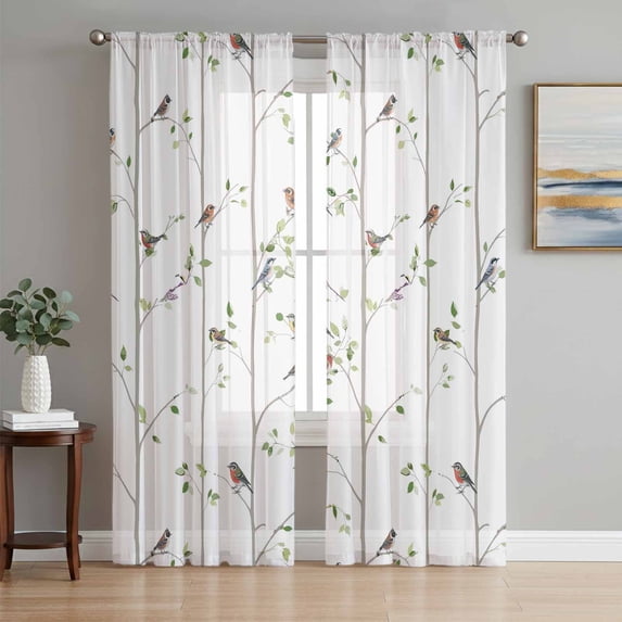 Sparrow Sheer Curtains 72 Inch Length 2 Panels Set, Spring Birds on The Branches Vintage Country Voile Window Treatment Rod Pocket Curtains Sheers Drapes for Bedroom/Living Room/Kitchen 52"x72"x2