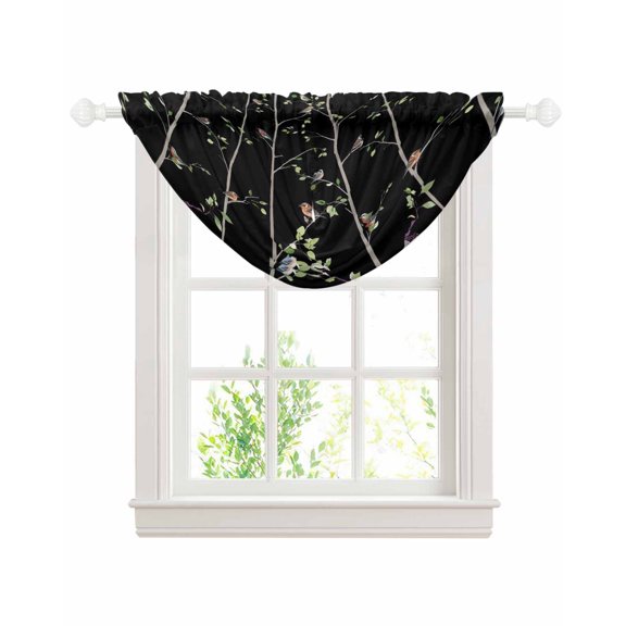 Sparrow Sheer Waterfall Valance Curtains for Window, Spring Birds on The Branches Vintage Country Black Rod Pocket Sheer Topper Swag Curtains for Living Room, Kitchen 38.5"W x 47.2"L, 1 Panel